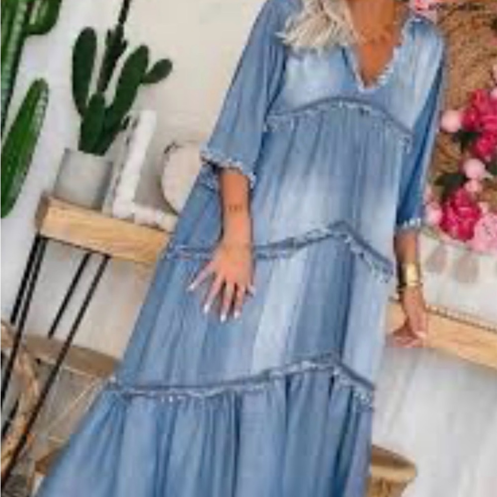 denim maxi dress. Like New,  pit to pit 21” shoulder to hem 53” size M